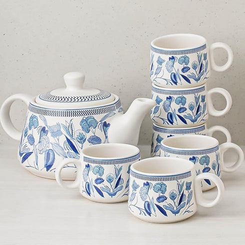 Handcrafted Blue Teapot and cup set (1 Kettle and 6 cups)